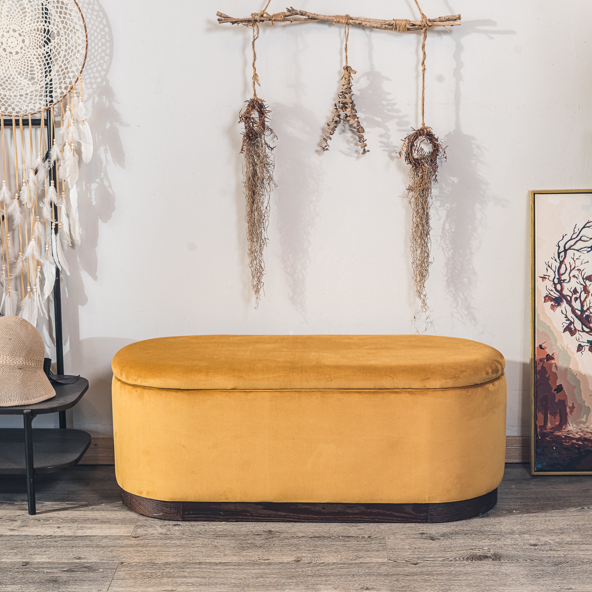 LIMA – Ławka z pojemnikiem do przechowywania, wykonana z drewna i pokryta aksamitem w kolorze musztardowej żółci