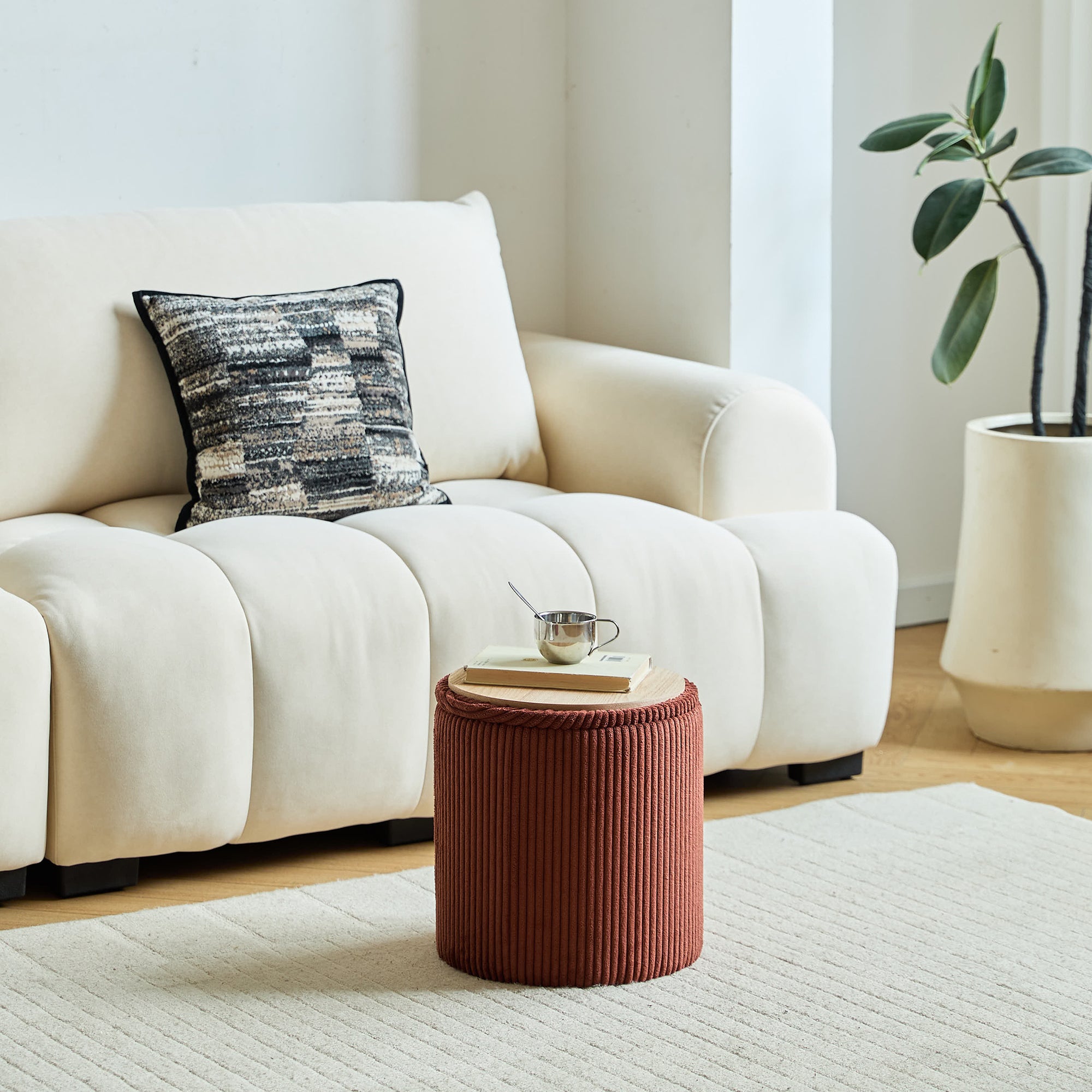 NARVIK – Zestaw 3 puf funkcją przechowywania, wykonanych z drewna i sztruksu w kolorze terakoty