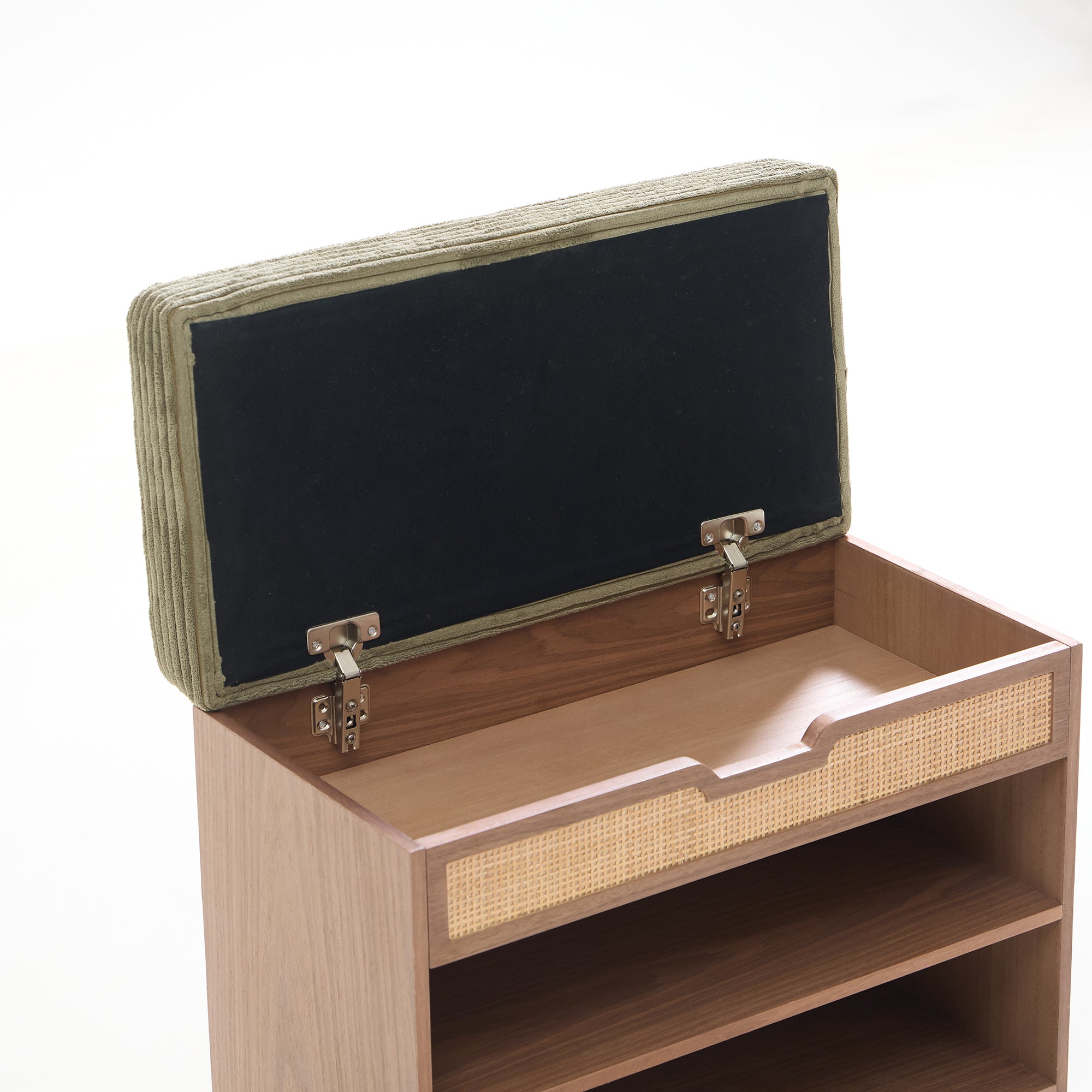 KUBO – Szafka na buty z drewnianym schowkiem i zielonym sztruksem w kolorze khaki