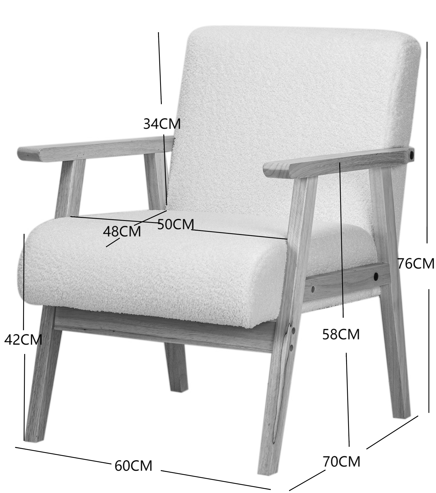 Fotel salonowy z litego drewna i białymi pętelkami