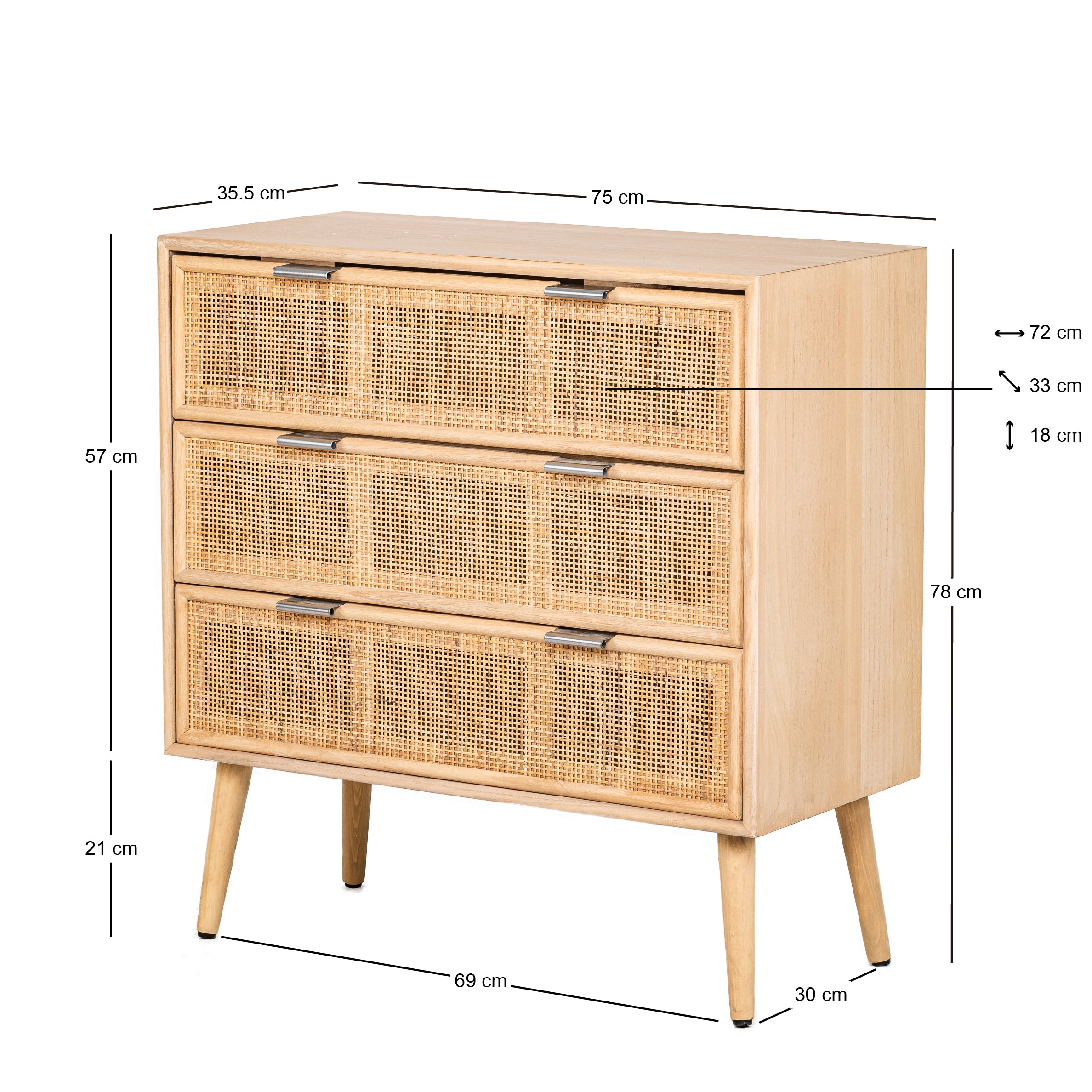 MANILLA – Komoda z 3 szufladami z drewna i naturalnego rattanu