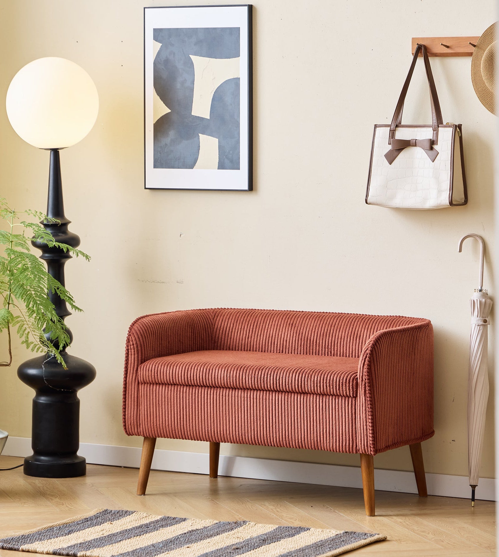 KIRKENES – Ławka z pojemnikiem z drewna i sztruksu w kolorze terakoty