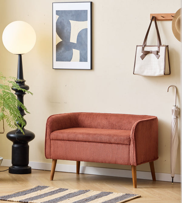 KIRKENES - Banc coffre en bois et velours côtelé terracotta