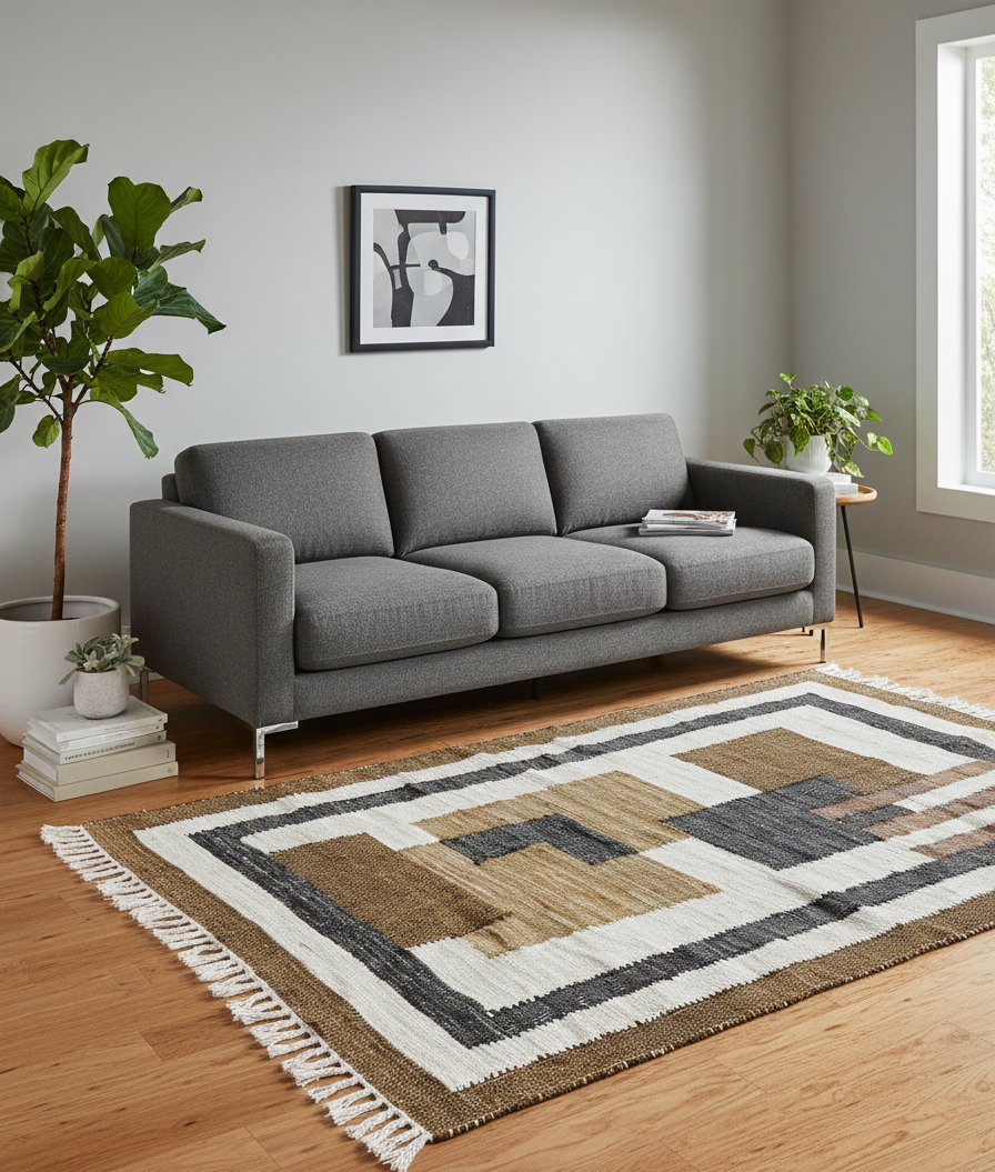 KOLARI – prostokątny dywanik bawełniany z brązowymi i ecru wzorami, 120 x 180 cm