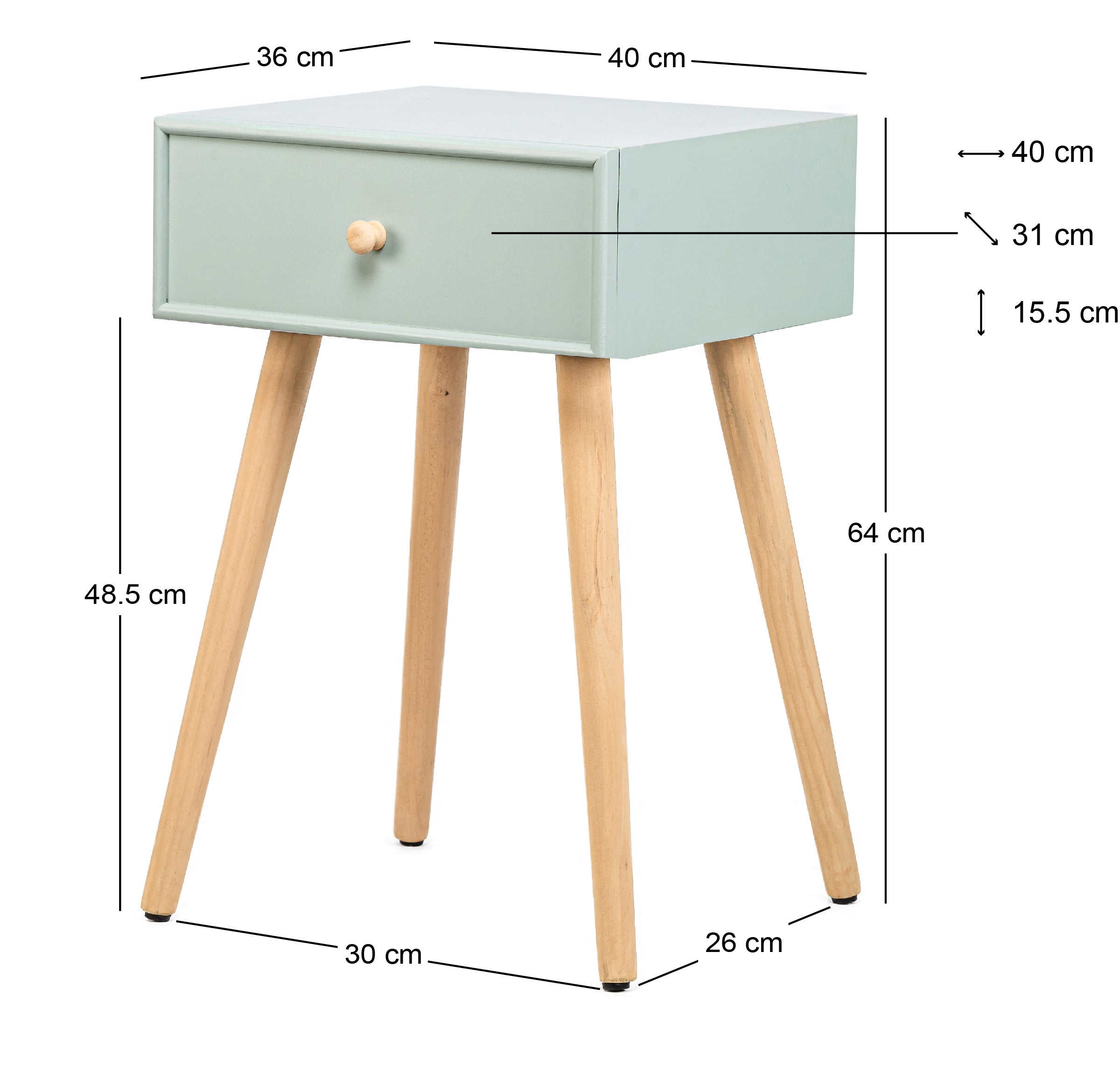 Szafka nocna z 1 szufladą, wykonana z drewna bukowego w kolorze miętowej zieleni