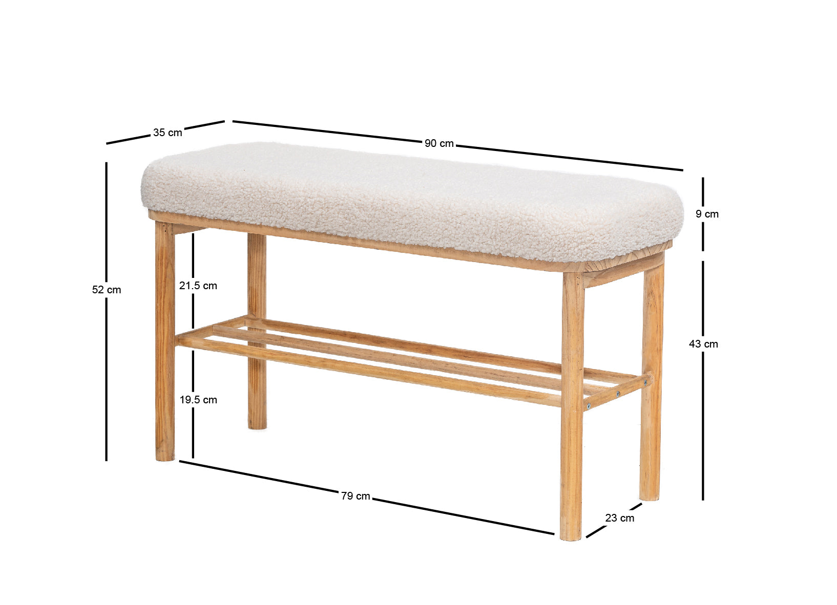 Ławka z schowkiem z litego drewna sosnowego i białymi pętelkami