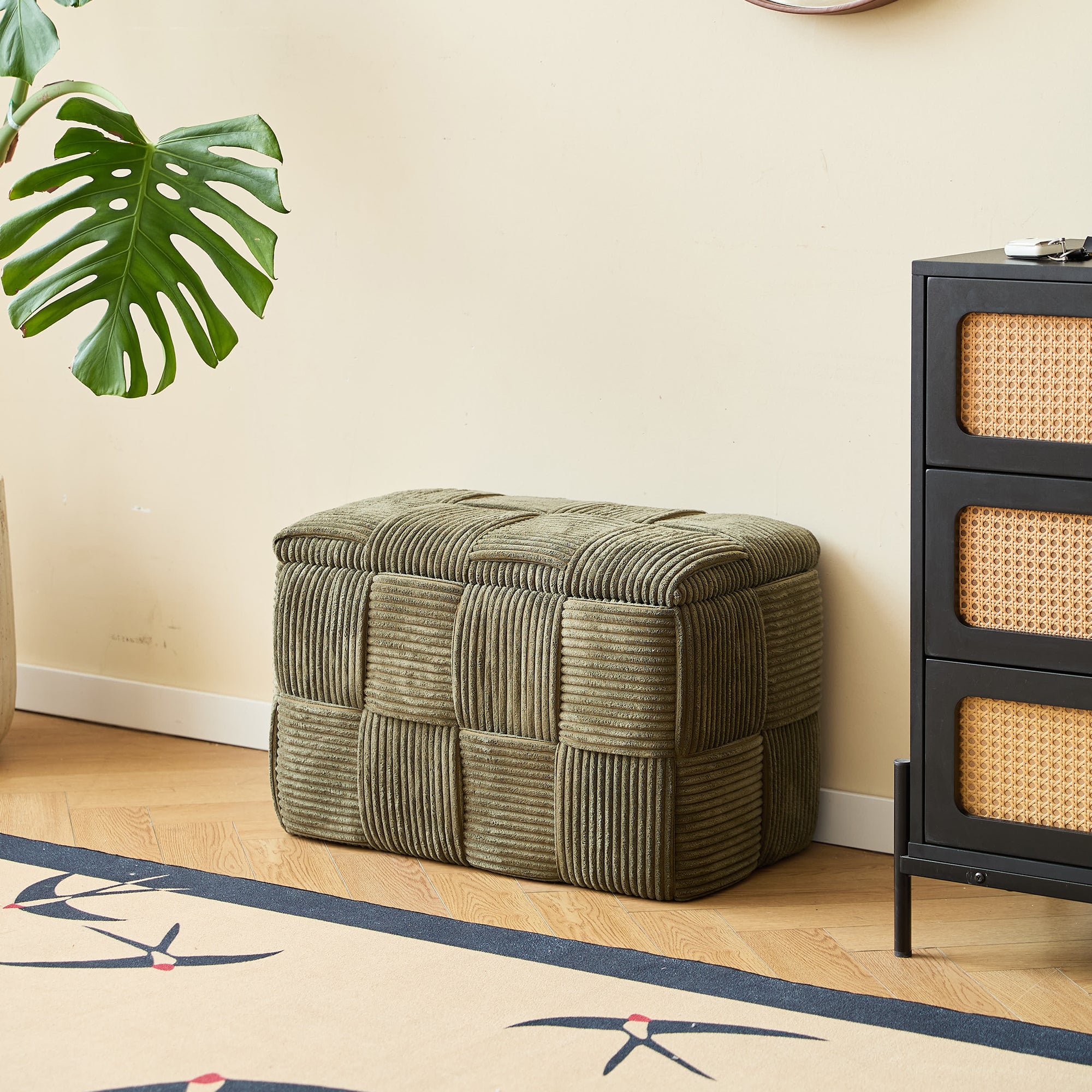 VANERN - Ławka z pojemnikiem w zielonym sztruksie