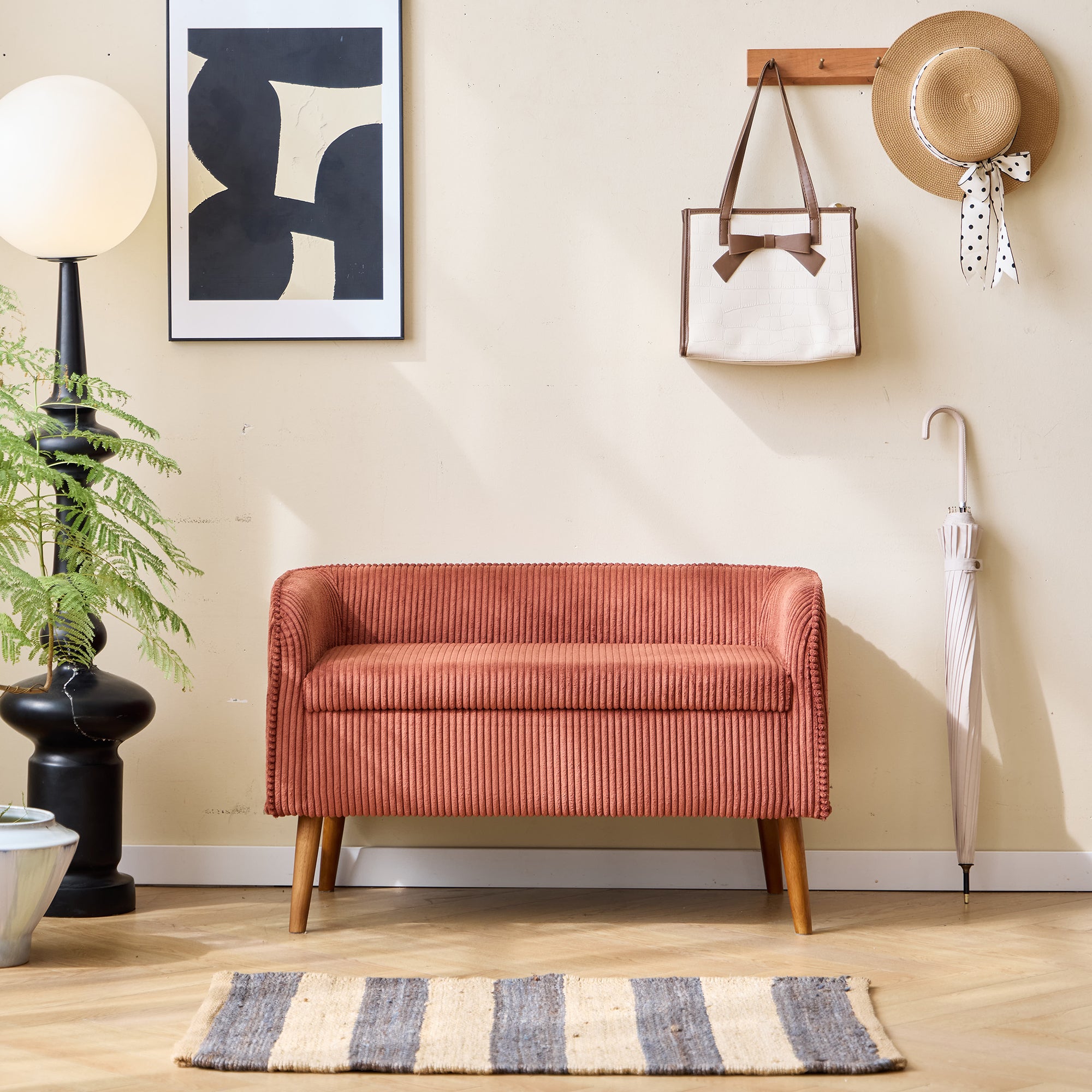 KIRKENES – Ławka z pojemnikiem z drewna i sztruksu w kolorze terakoty