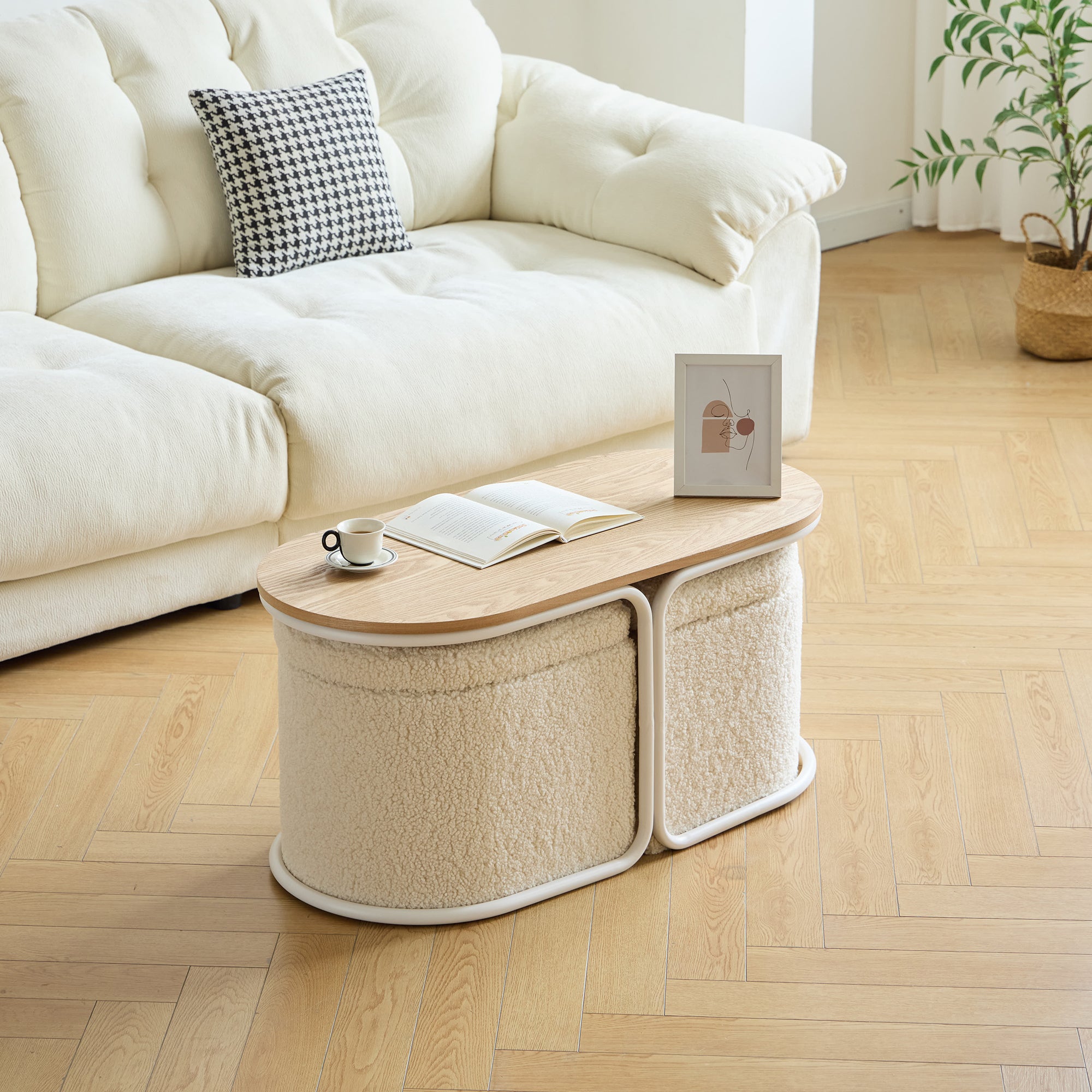 SENJA - Wooden Coffee Table and 2 White Bouclé Poufs set – Nordlys