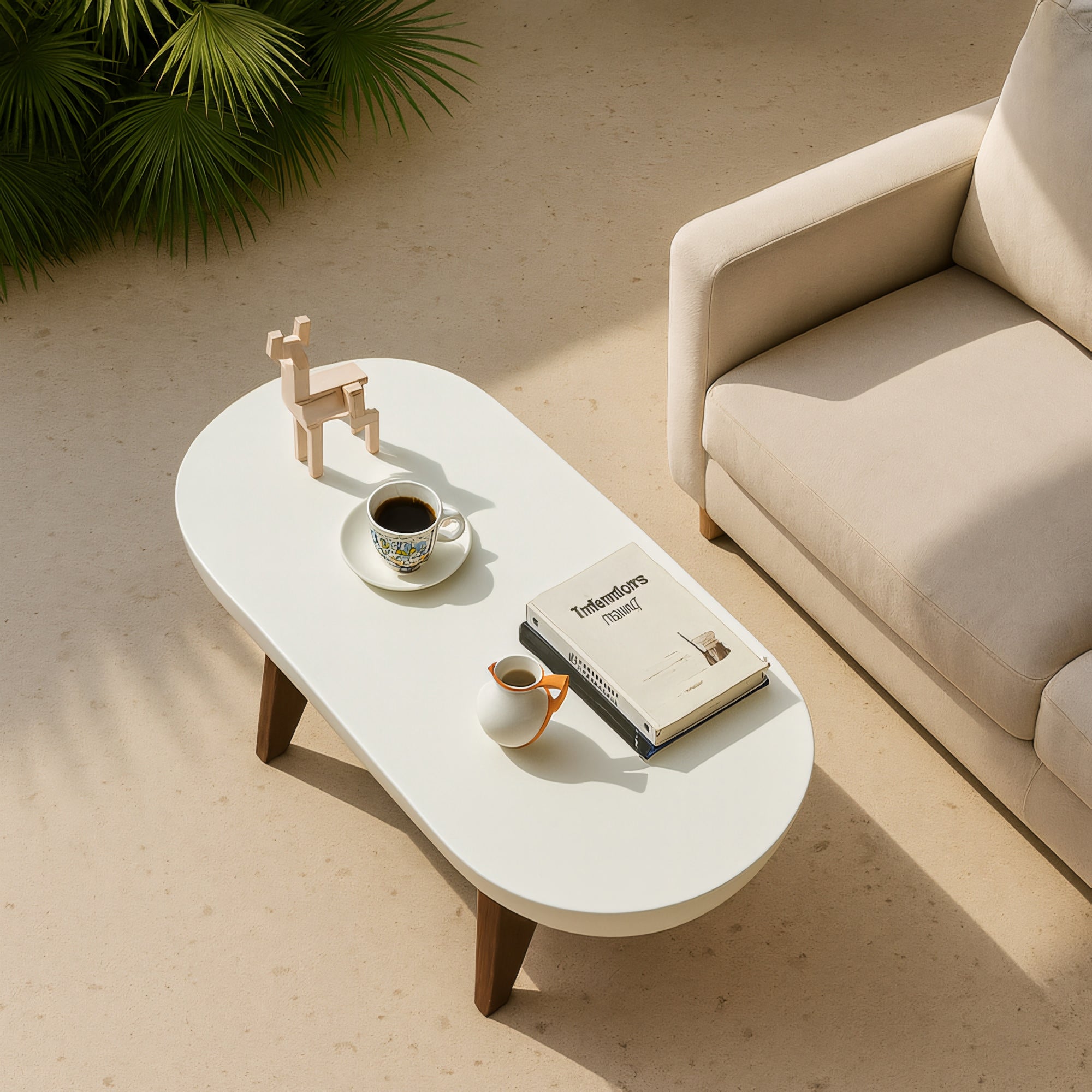 IRUNA – stolik kawowy do wnętrz i na zewnątrz, wykonany z drewna i białego magnezytu
