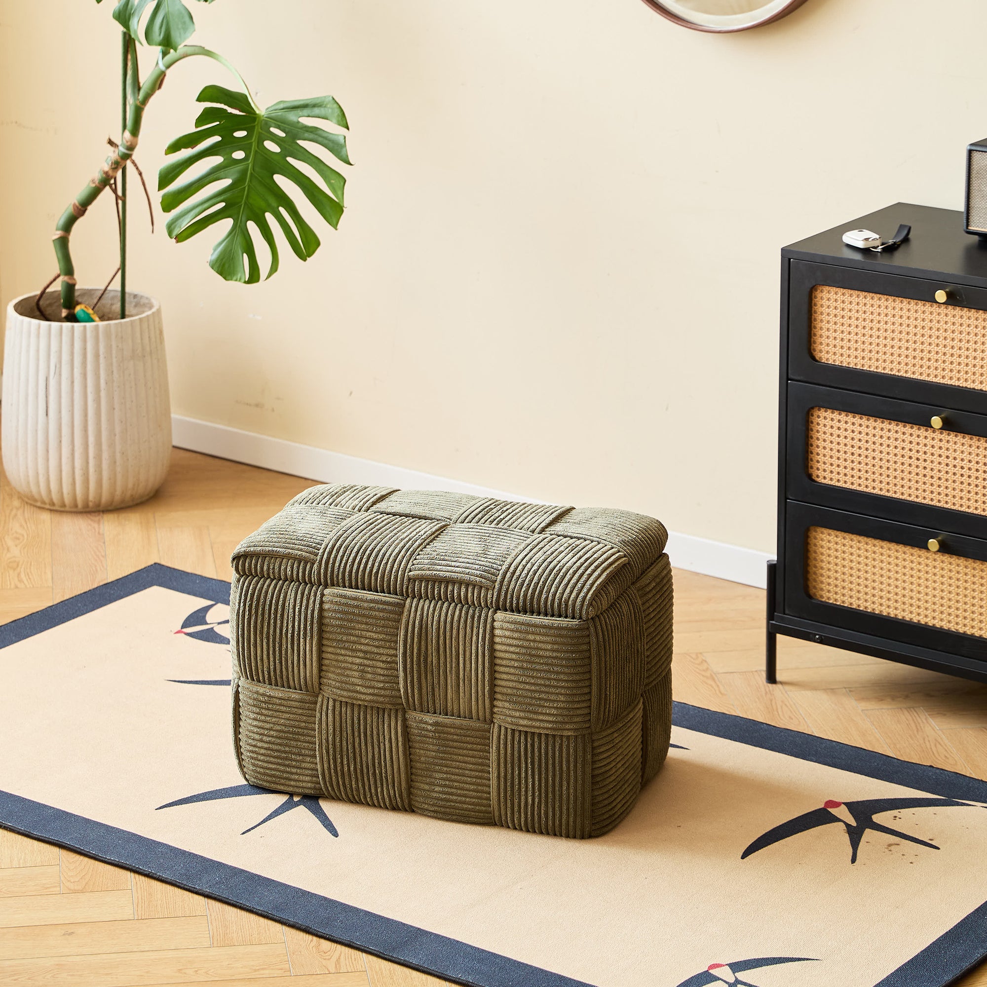 VANERN - Ławka z pojemnikiem w zielonym sztruksie