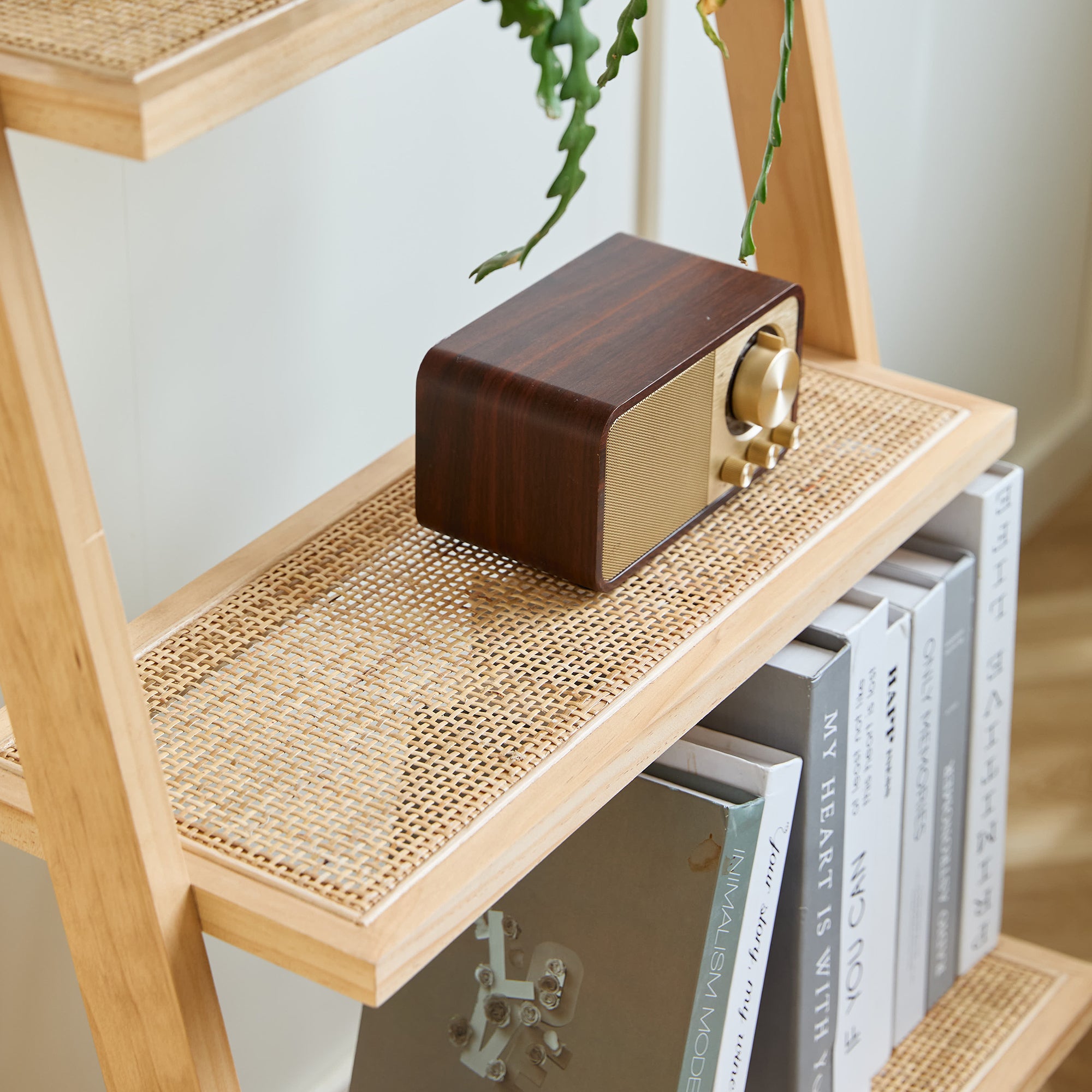 SMOGEN – Półka ścienna w kształcie drabinki, 5 poziomów, z litego drewna i rattanu