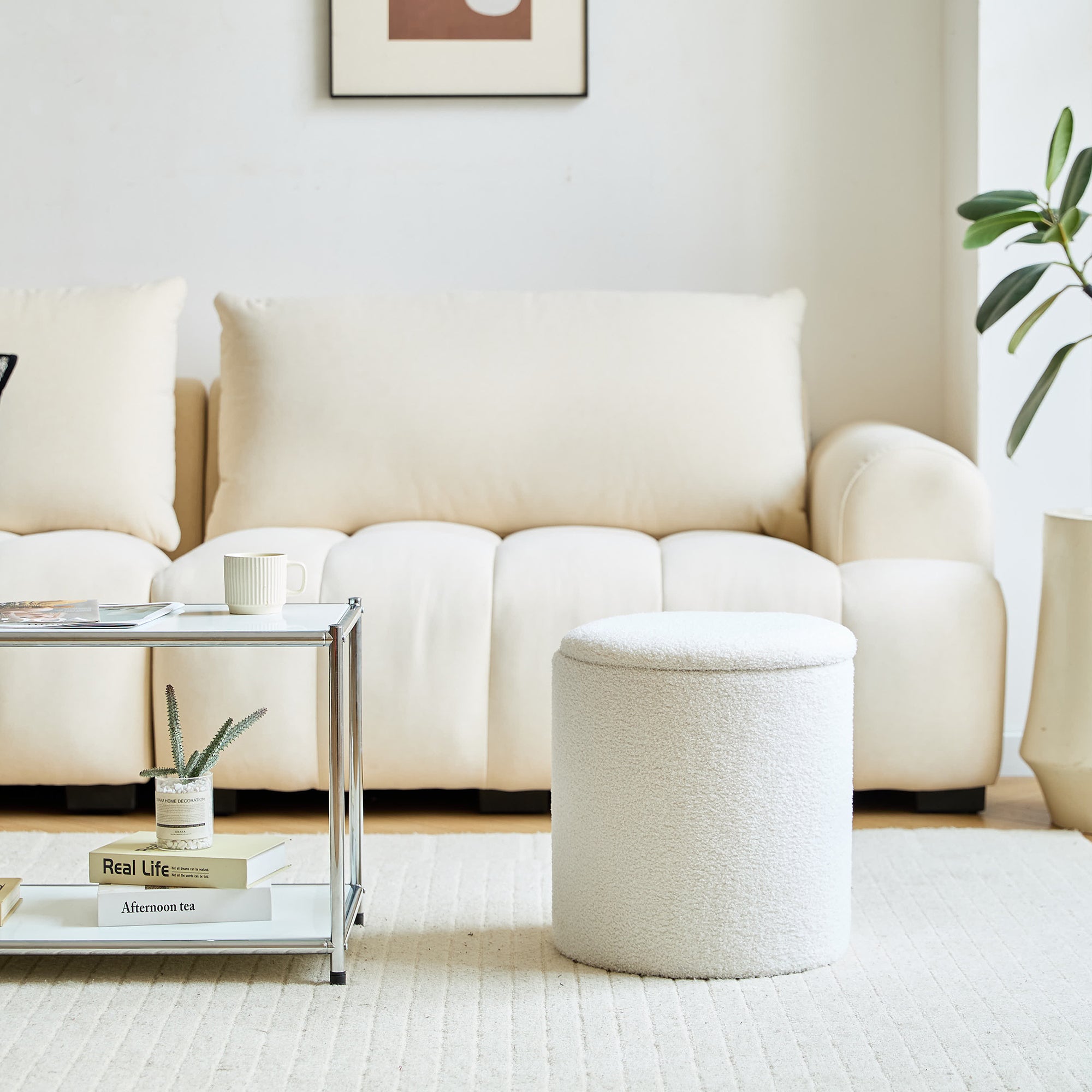 NARVIK – Zestaw 3 puf z drewnianym schowkiem i białymi pętelkami