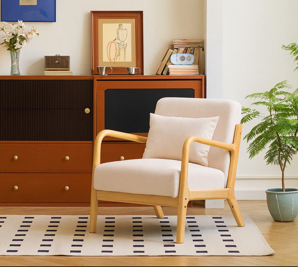 OHAMA - Solid Wood and Beige Fabric Lounge Chair