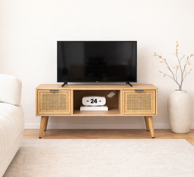 AKITA - TV-meubel met 2 laden van hout en rotan