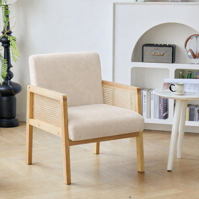 BORGO - Salonstoel met rieten bekleding en beige fluweel