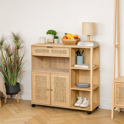 OULU - Carrello contenitore in legno e rattan