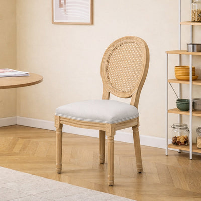RICHELIEU - Set di 2 sedie in legno e cannage con seduta in tessuto grigio chiaro