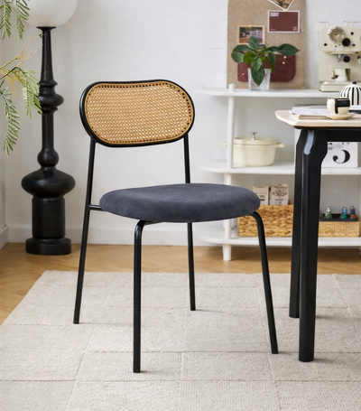 OREBRO - Set di 2 sedie in metallo e paglia di Vienna con seduta in similcamoscio nero