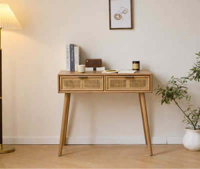 NISHIO - Consolle con 2 cassetti in legno e rattan naturale