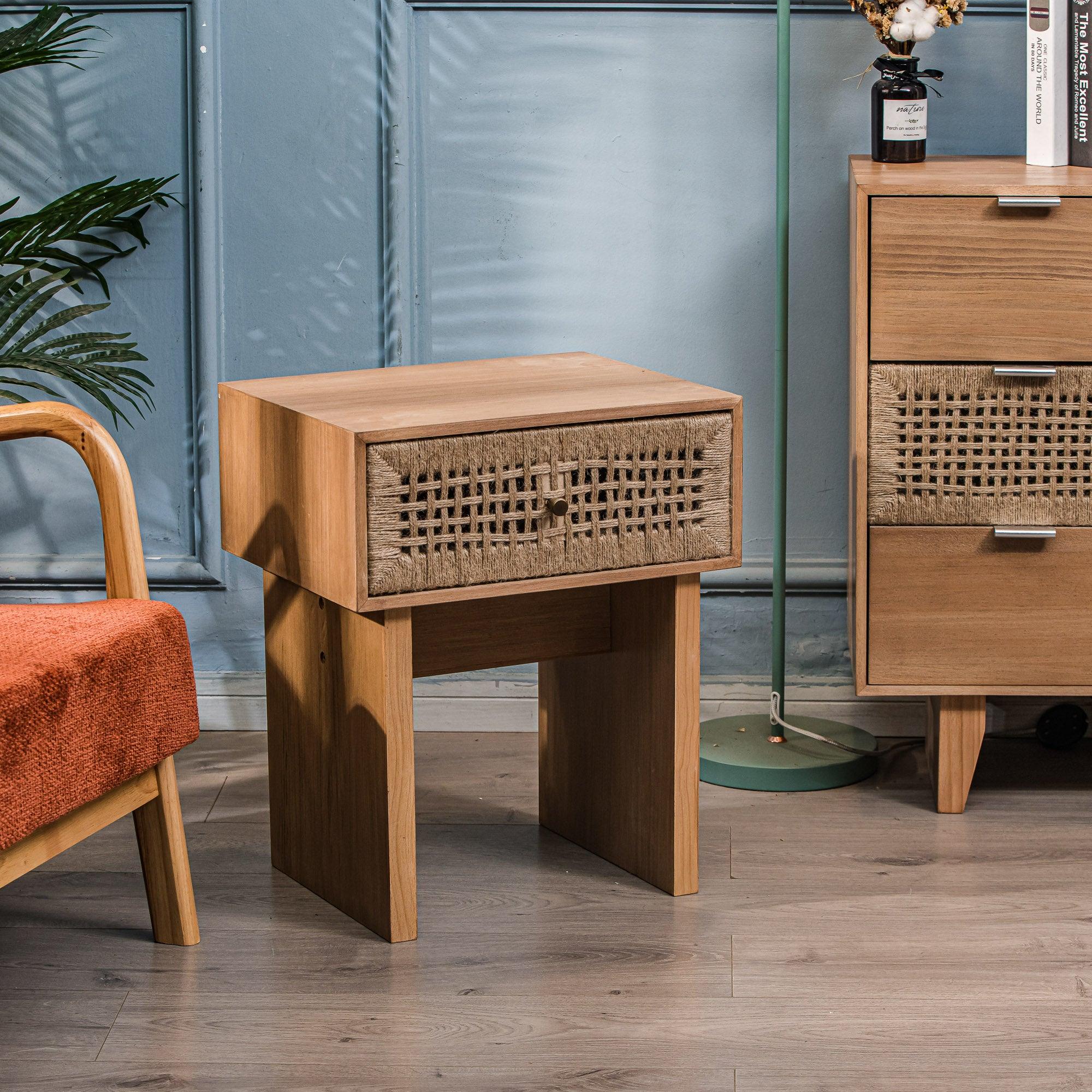 Szafka nocna z 1 szufladą, wykonana z naturalnego sznurka