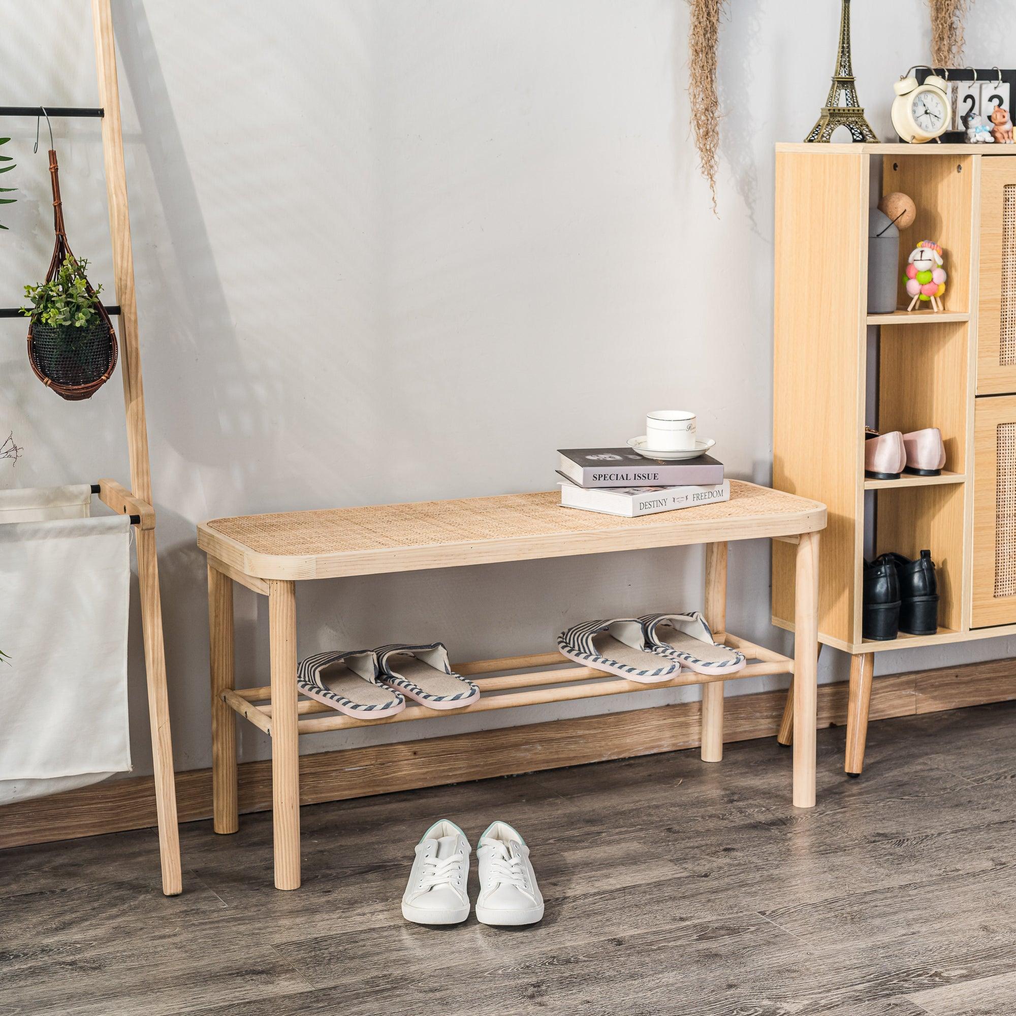 Ławka z schowkiem z litego drewna sosnowego i rattanu