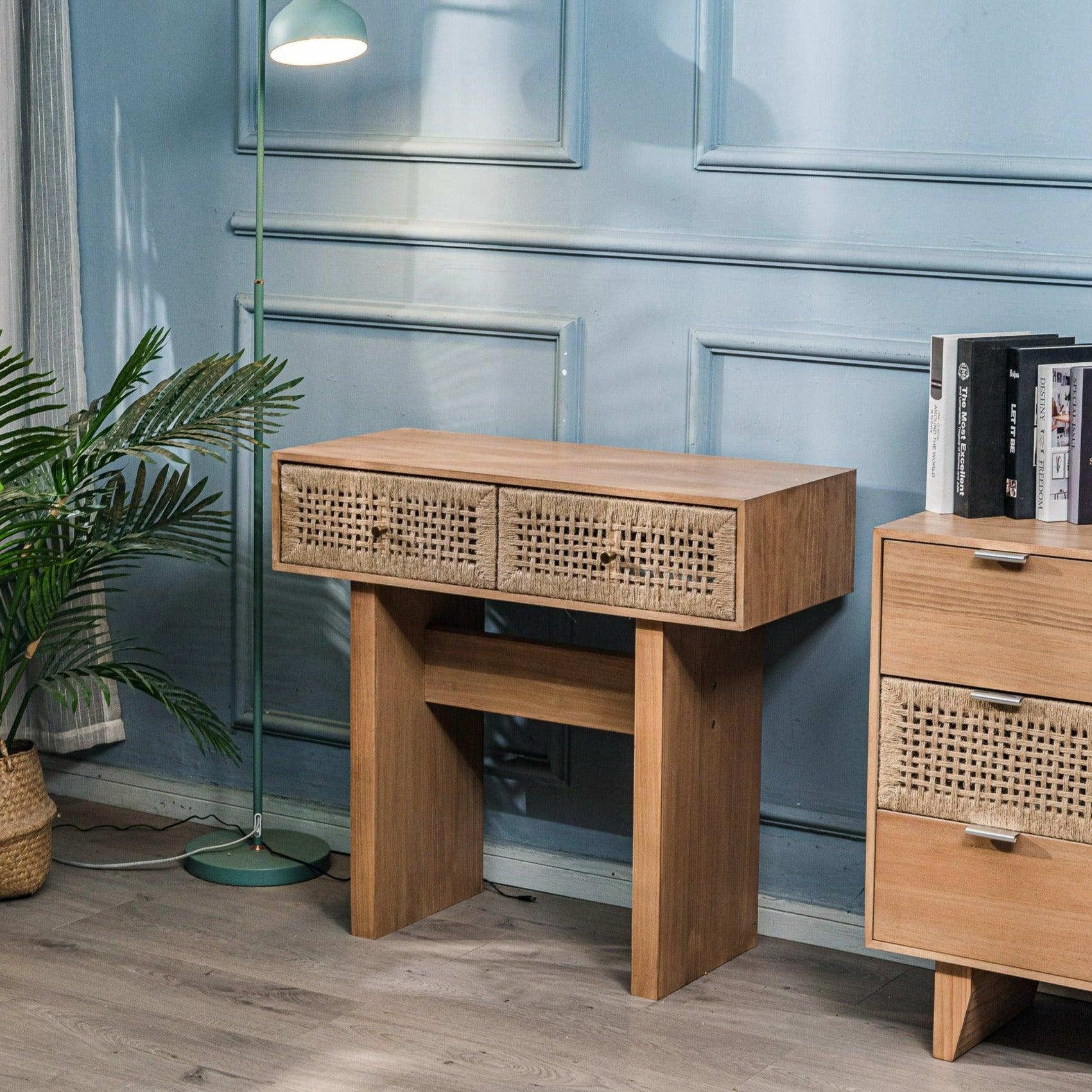 Konsola z 2 szufladami, wykonana z drewna i naturalnego sznurka