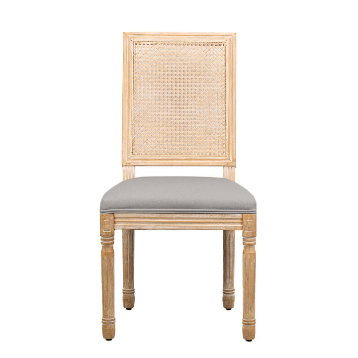 Lot de 2 chaises en bois et cannage avec assise en tissu gris fonce