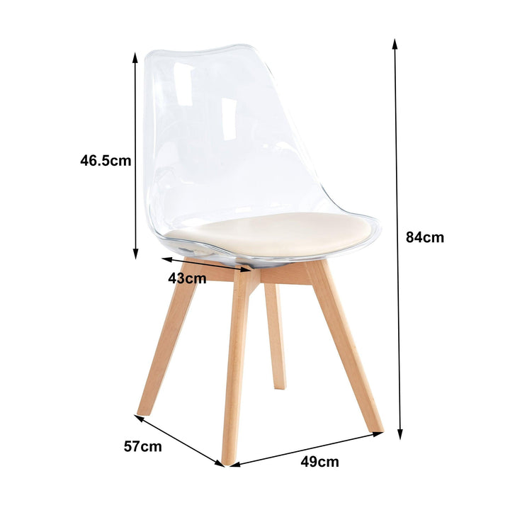 Lot de 4 chaises transparentes avec pieds en bois et bouclettes blanches
