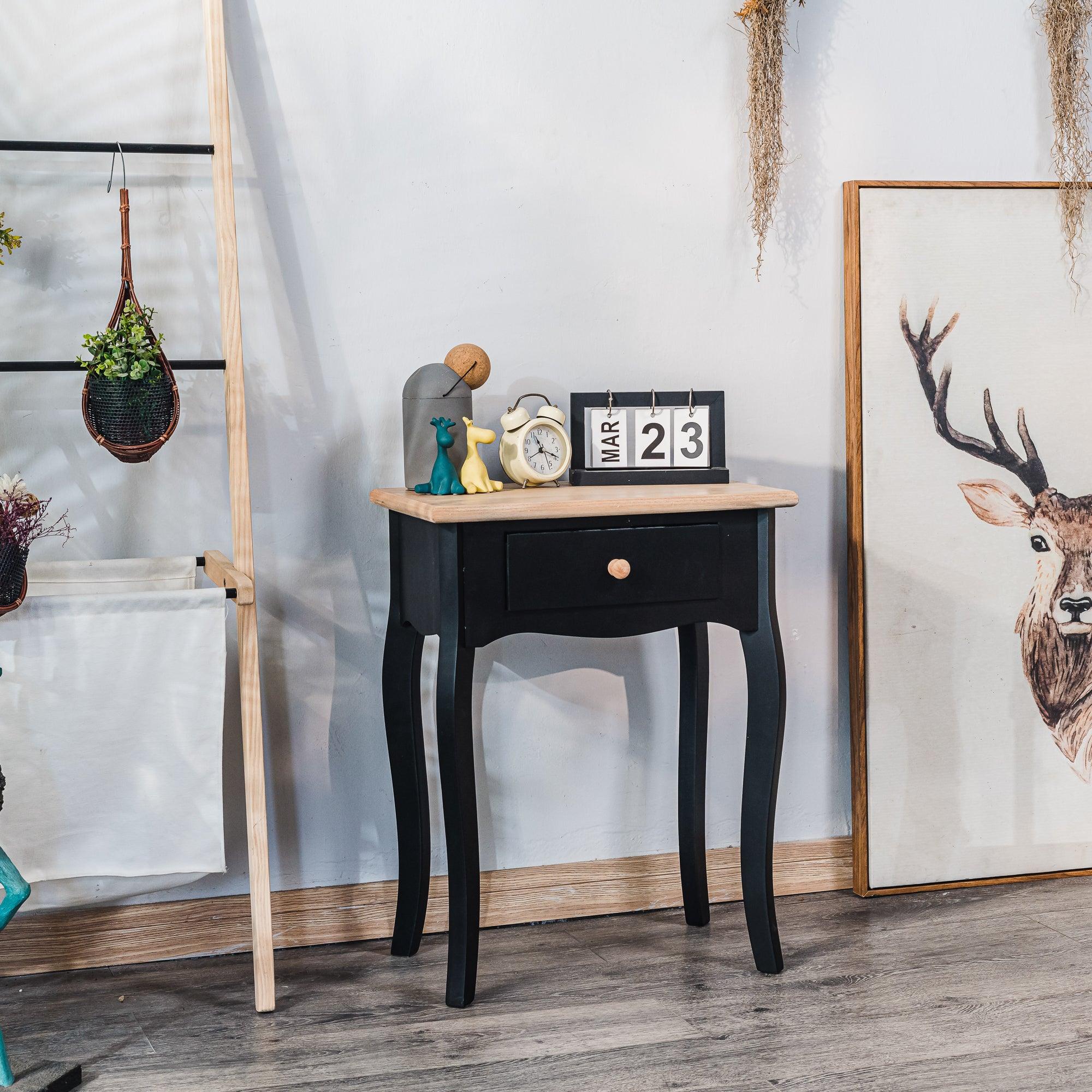 Szafka nocna z 1 szufladą, czarna drewniana