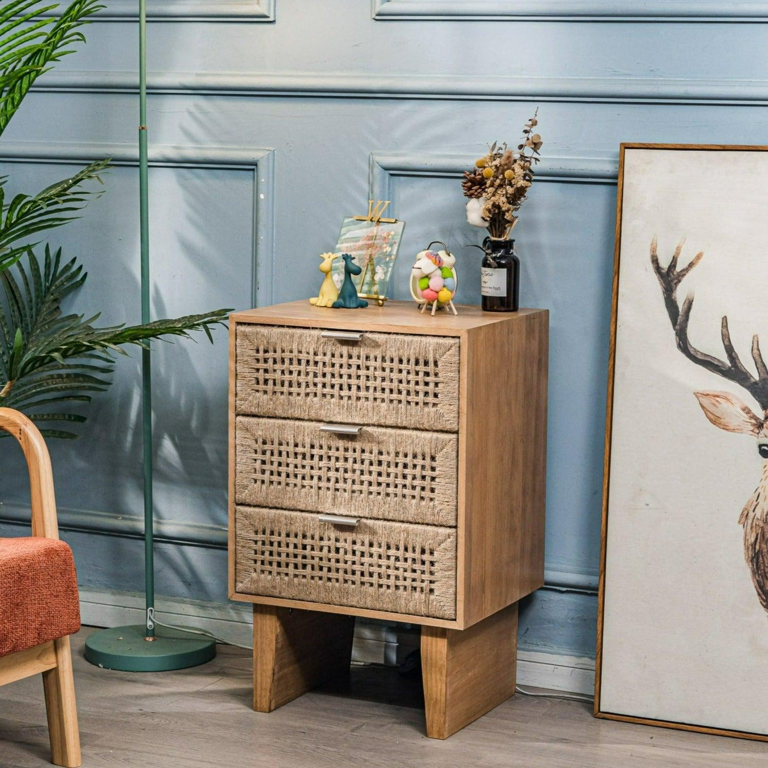 Komoda z 3 szufladami, wykonana z drewna i naturalnego sznurka